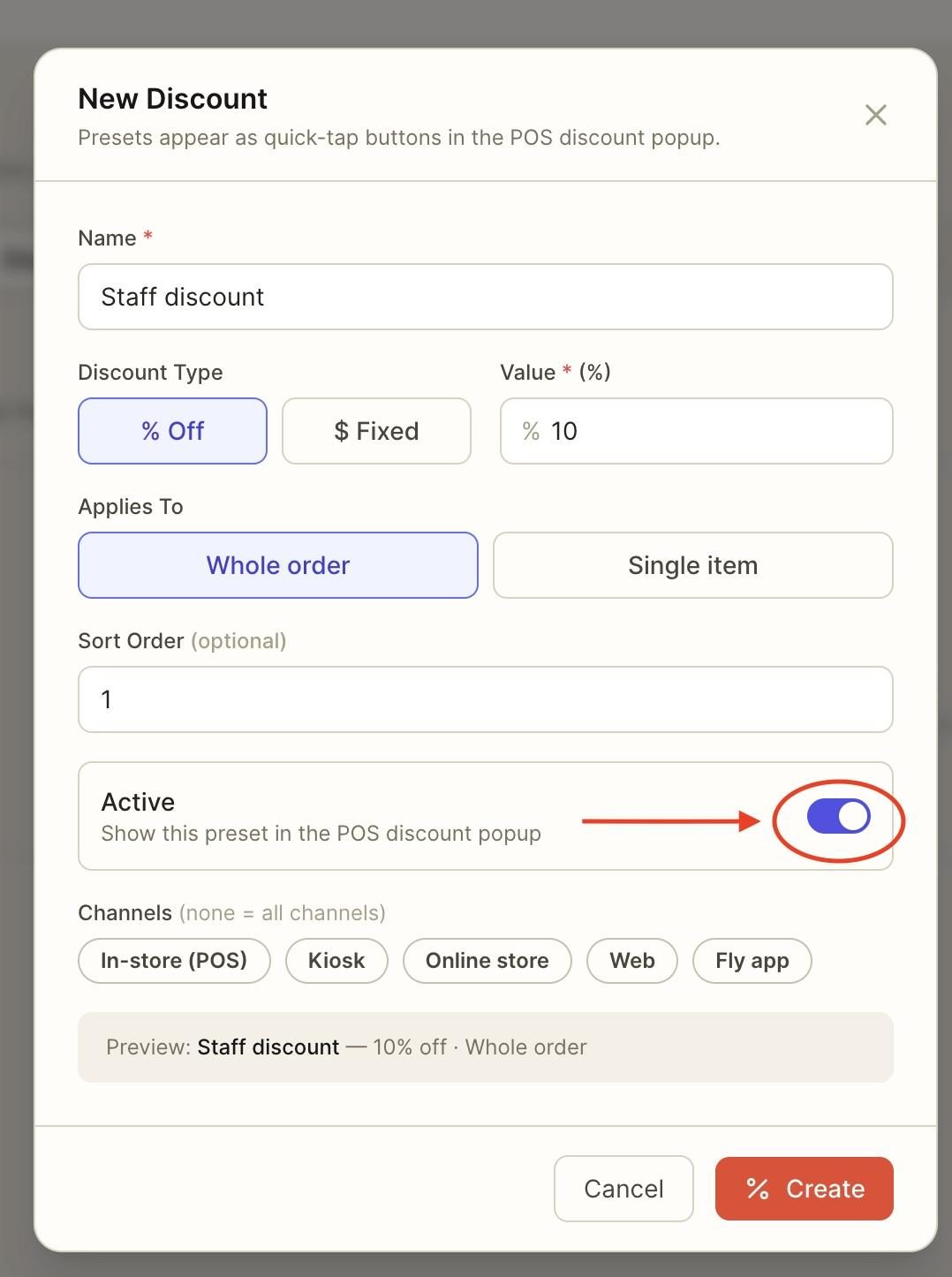 Ensure the active button is toggled on to enable the discount.
