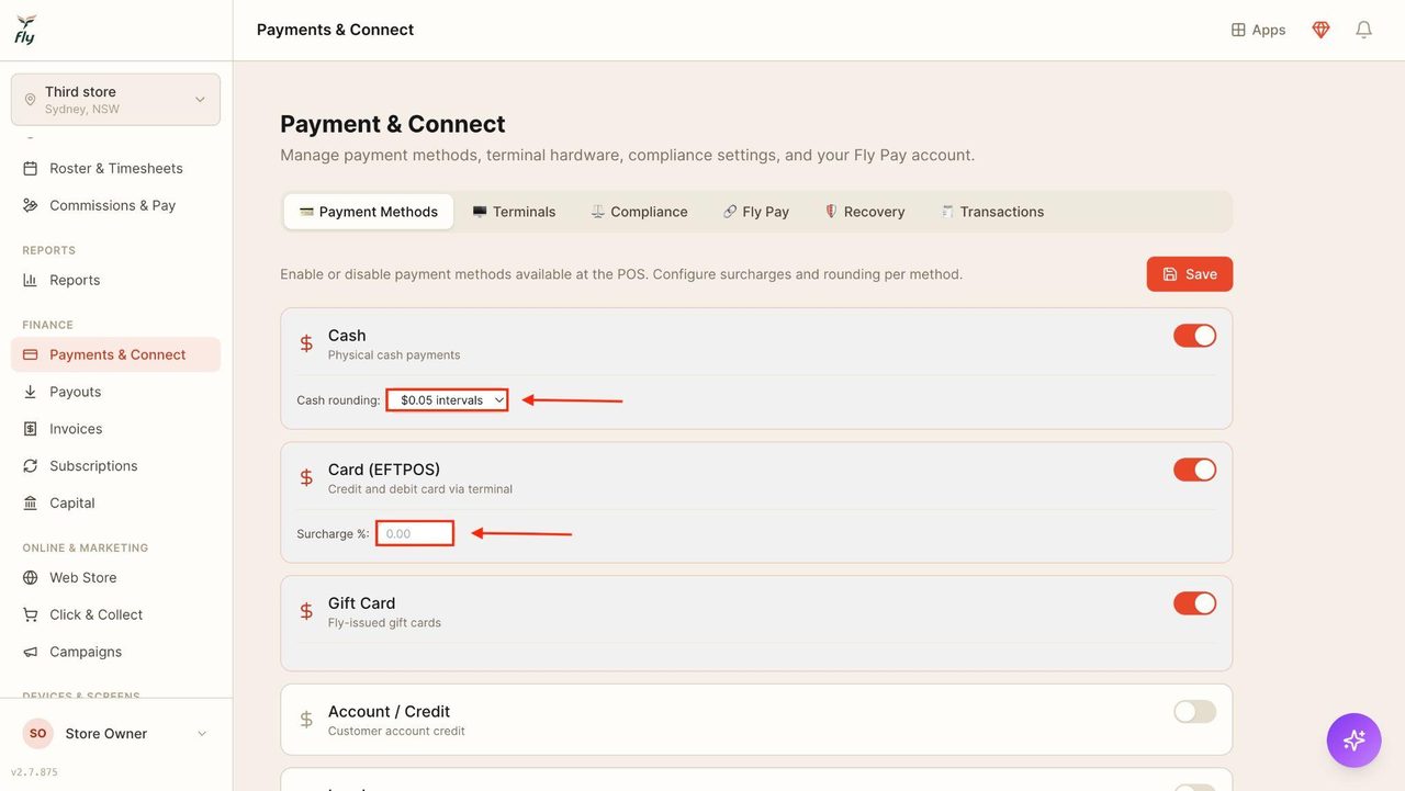 Press Add the numbers for surcharging and cash rounding where needed.