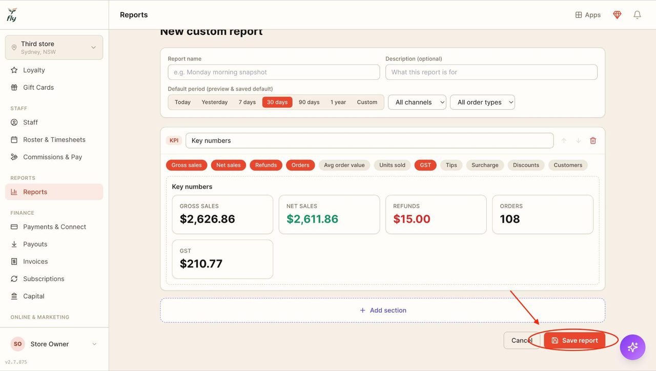 Once done, click on ' Save report '.