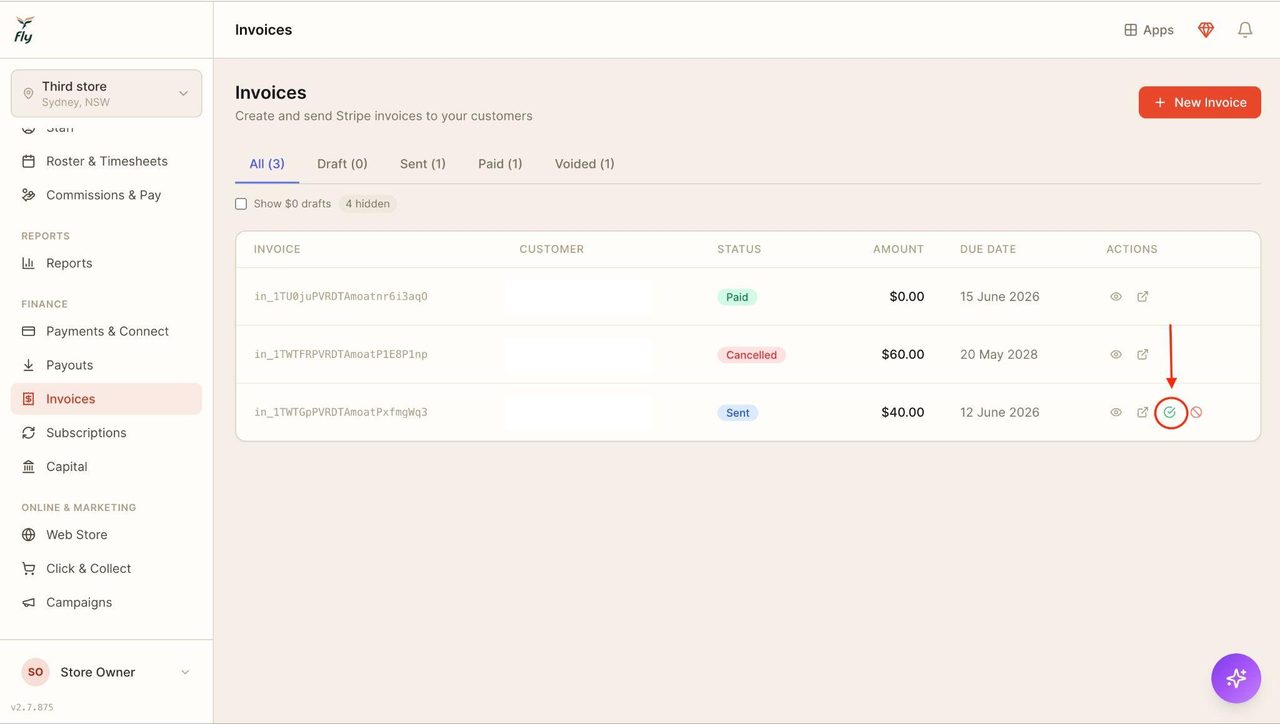Click on the green icon to mark the invoice as paid.
