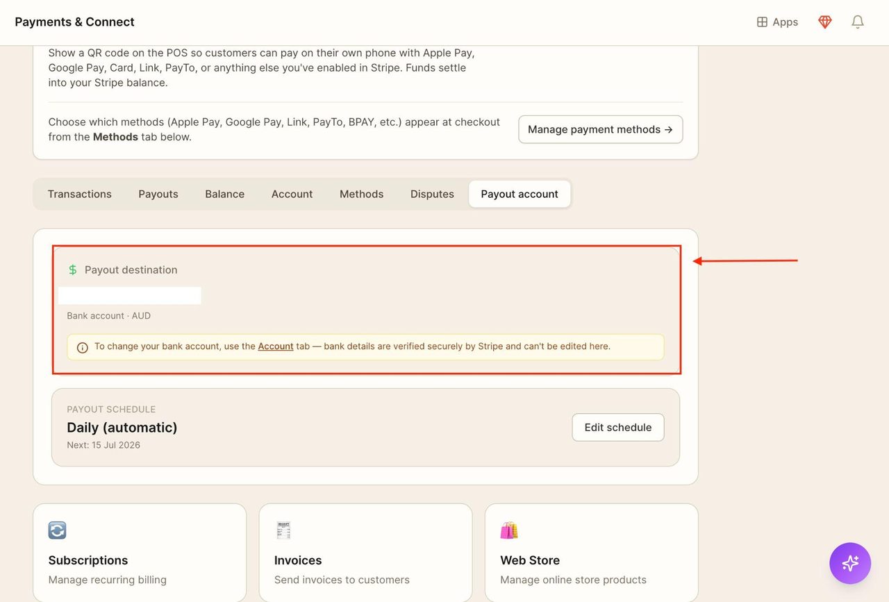 The details of the bak account used for the payouts will appear below.