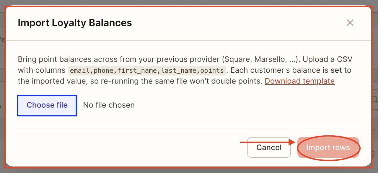 Choose the desired file, then click on import rows.