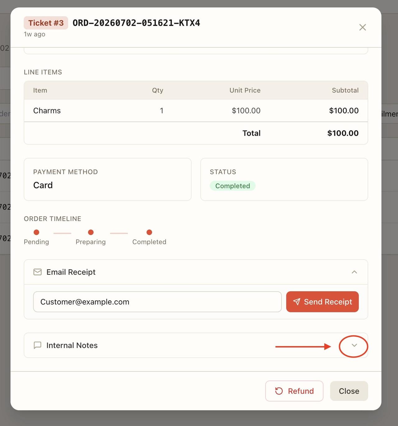 To enter internal notes for the order, press on the arrow on the right side for ‘Internal Notes’.