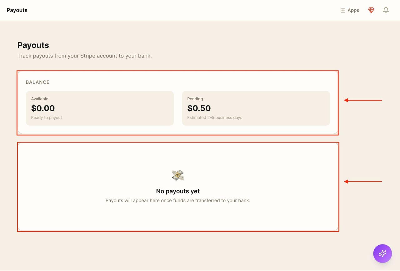 The payouts page will show payouts from Stripe to the bank account.