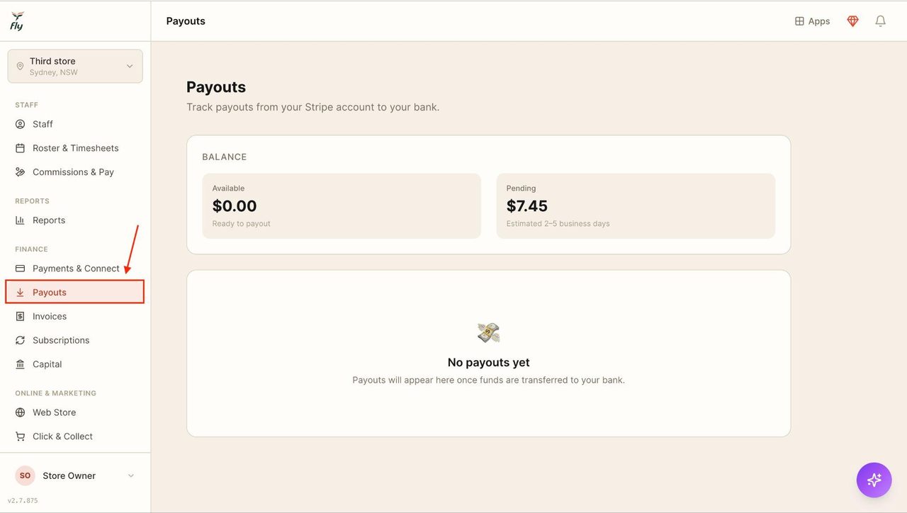 Locate ‘payouts’ in the sidebar underneath ‘Finance’