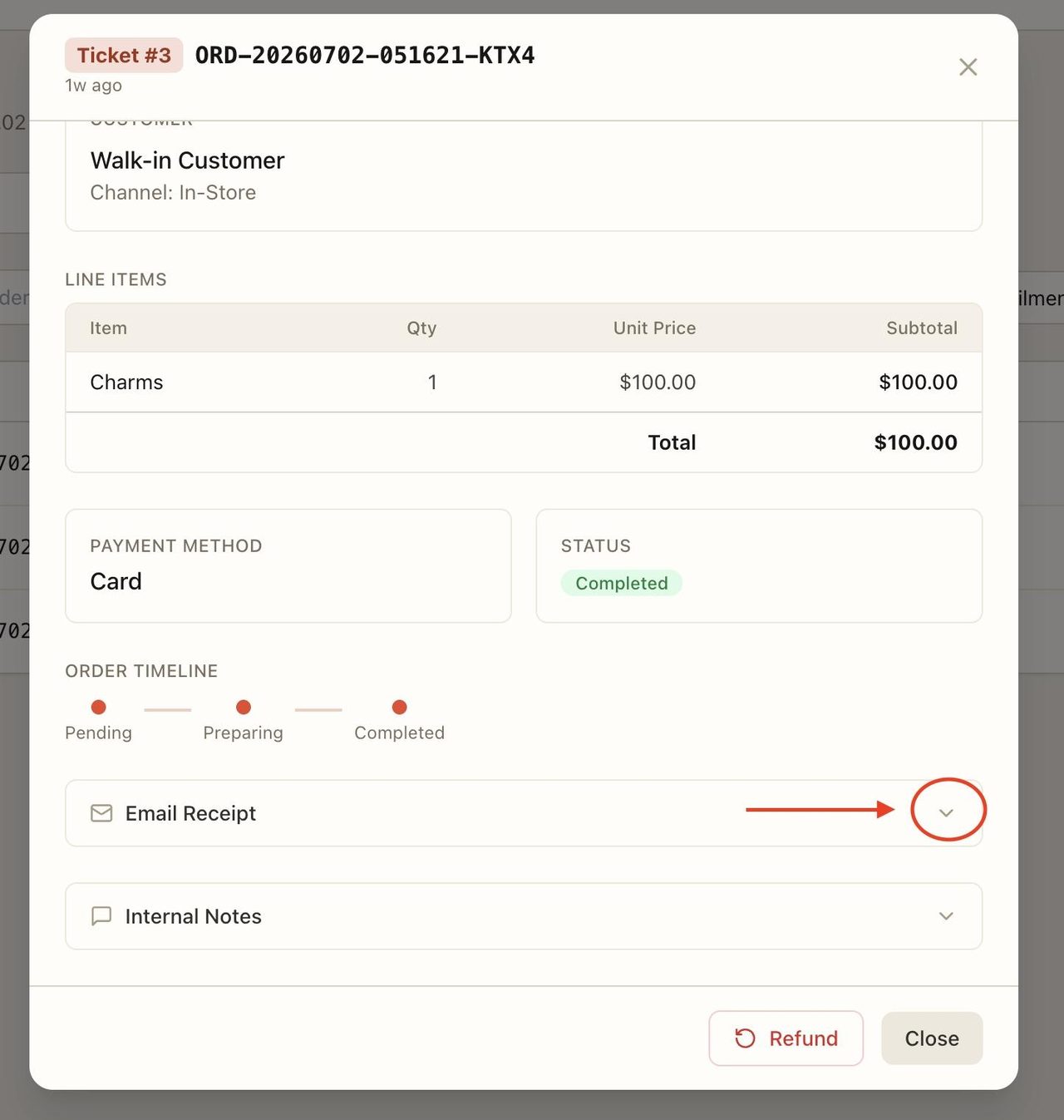 Press on this arrow to email the receipt.