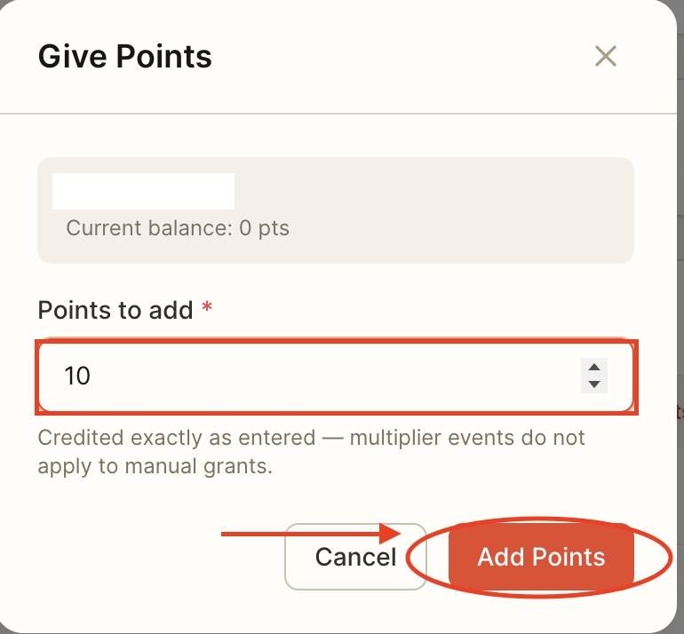 Fill in the number of points to add, then click on ‘Add points’.