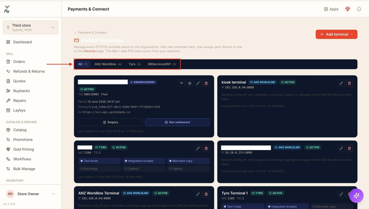 Use the top bar to filter through them according to the terminal type.