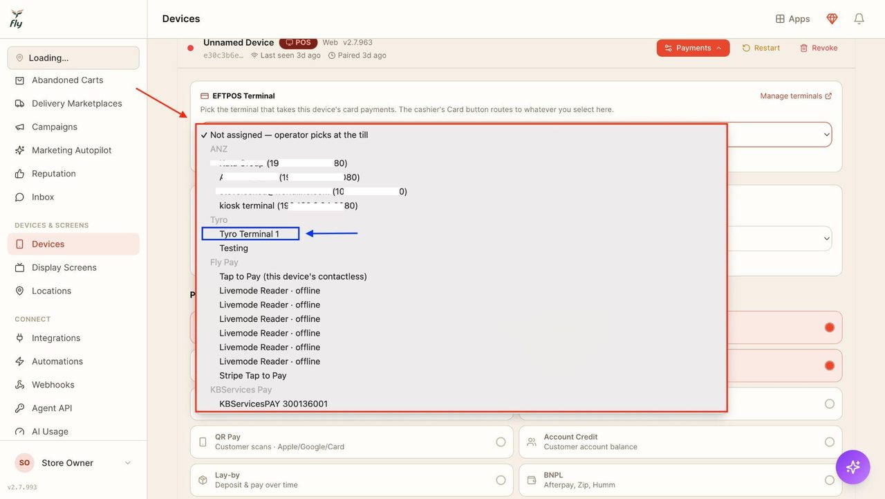 Select the desired terminal.