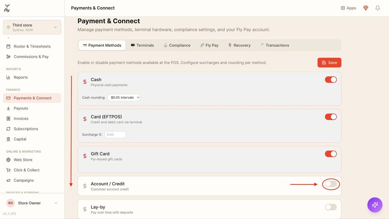 In ‘Payment Methods’, locate all the needed payment methods and toggle them on or off on the right-hand side.