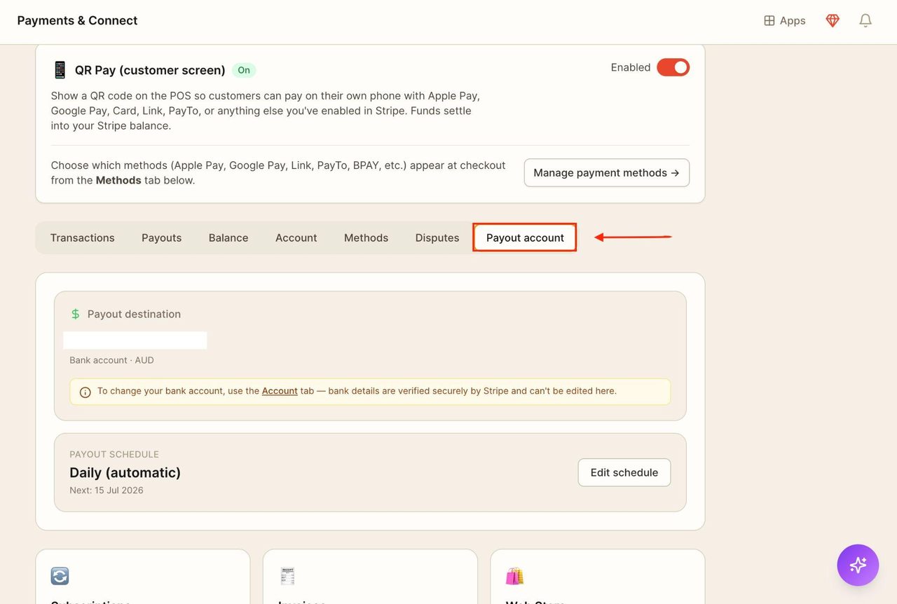 Locate ‘Payout Account’ in the bar.