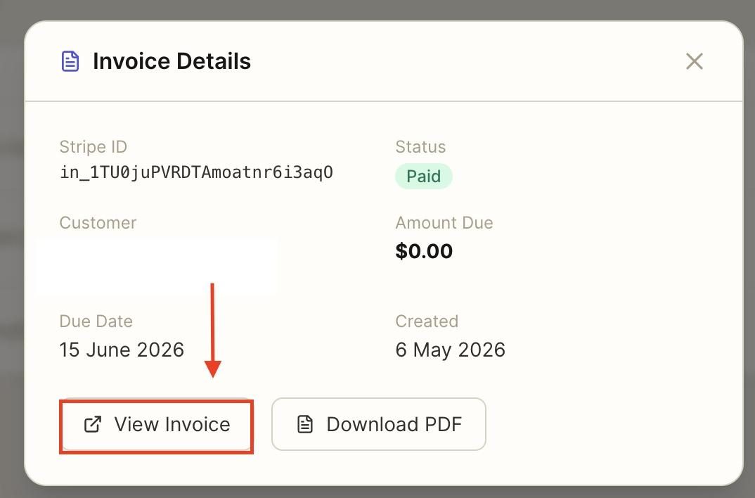 ‘View invoice’ will show the invoice in the Stripe account.
