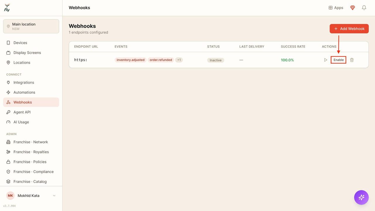 Press on ‘Enable’ to activate the webhook.