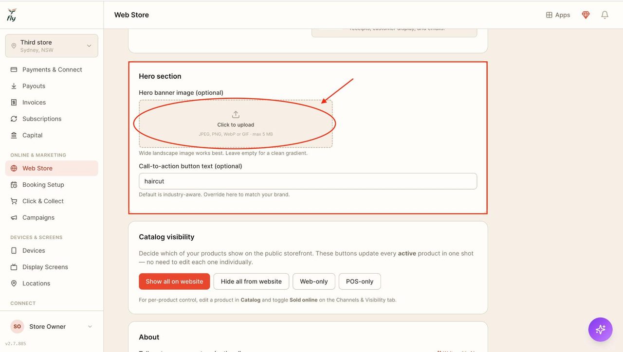 Tap the ‘click to upload’ button to attach a banner image that will appear in the web store.