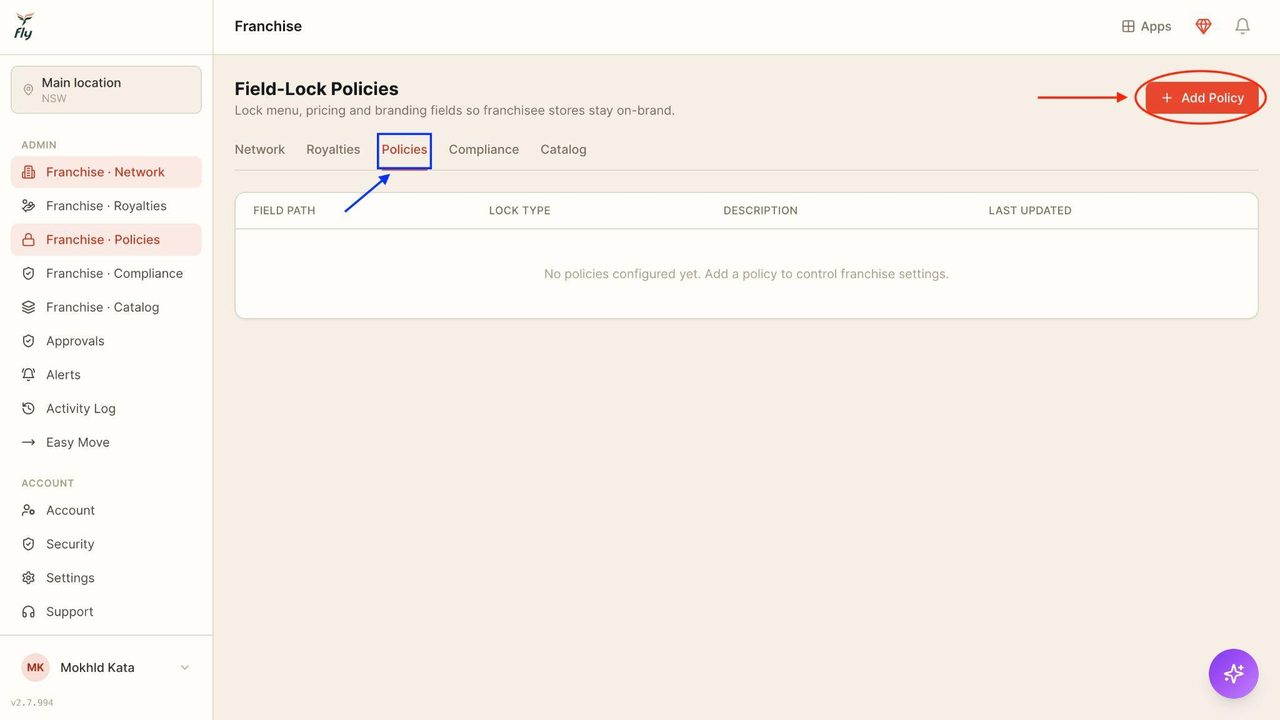 In policies, press on the button in the right top corner to add a policy.