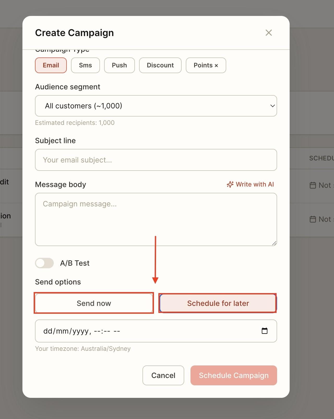 Optionally, pick whether the campaign is to be sent now or later.