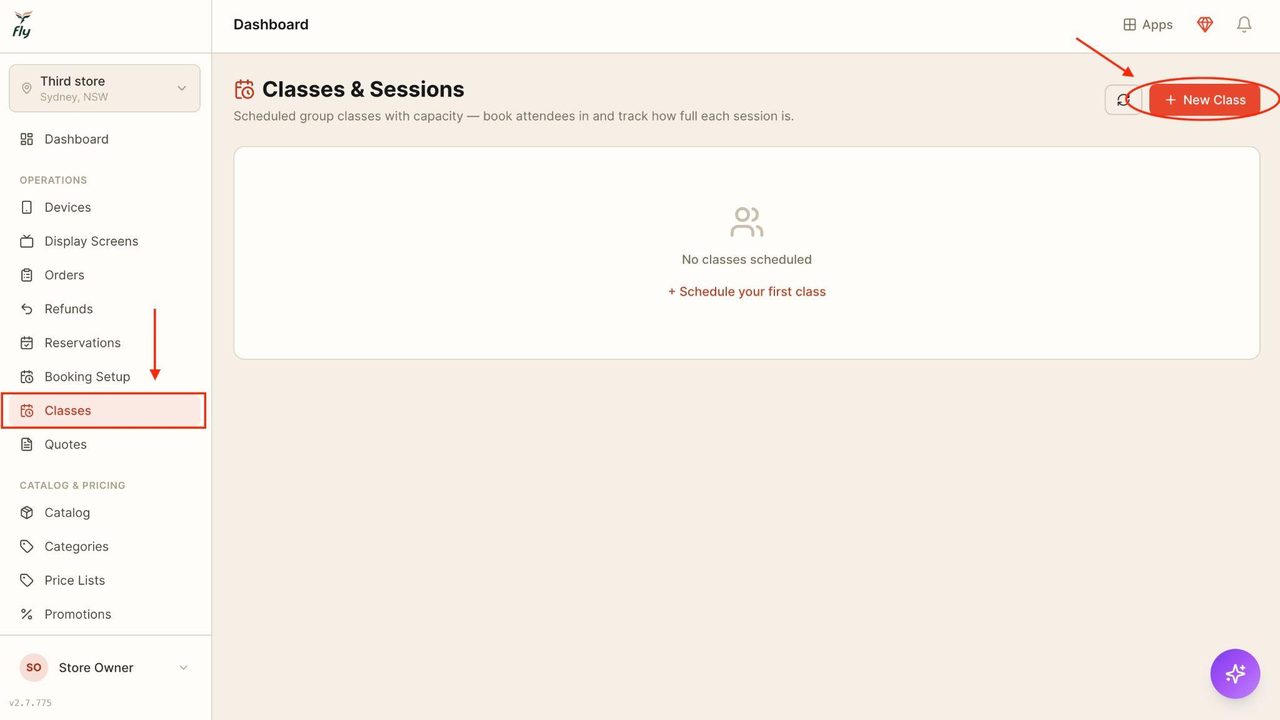 Locate and press on ‘New class’ to schedule a new class.
