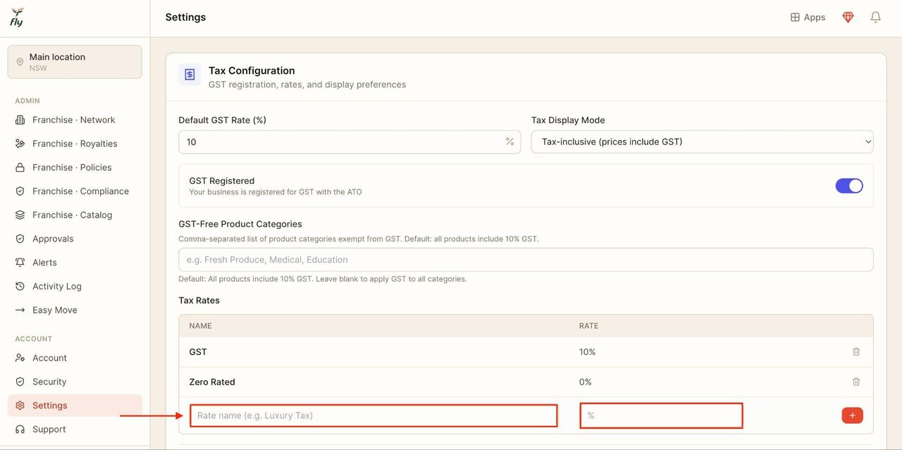 To create a new tax rate that can be applied to all products, enter the rate name and percentage: