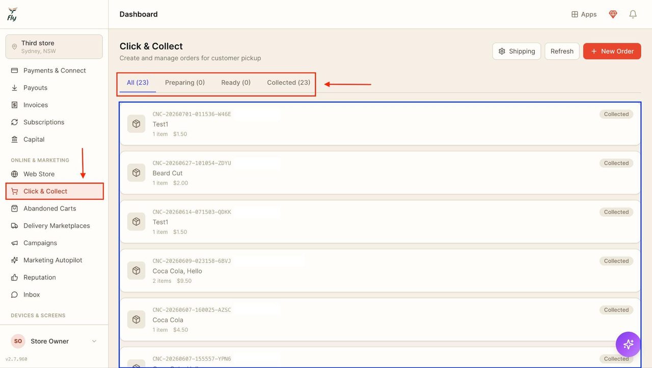 The click and collect orders will appear below as highlighted in the blue.