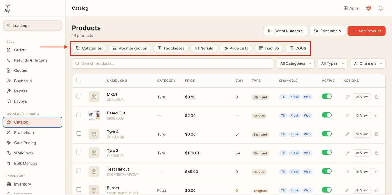 Use the top bar to access different tabs.