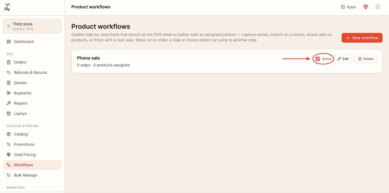 To inactivate the workflow, untick the box.