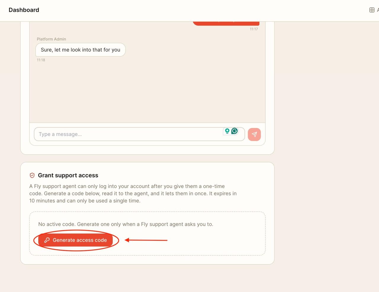 When needing to provide a Fly support agent with a code, press ‘Generate access code’.