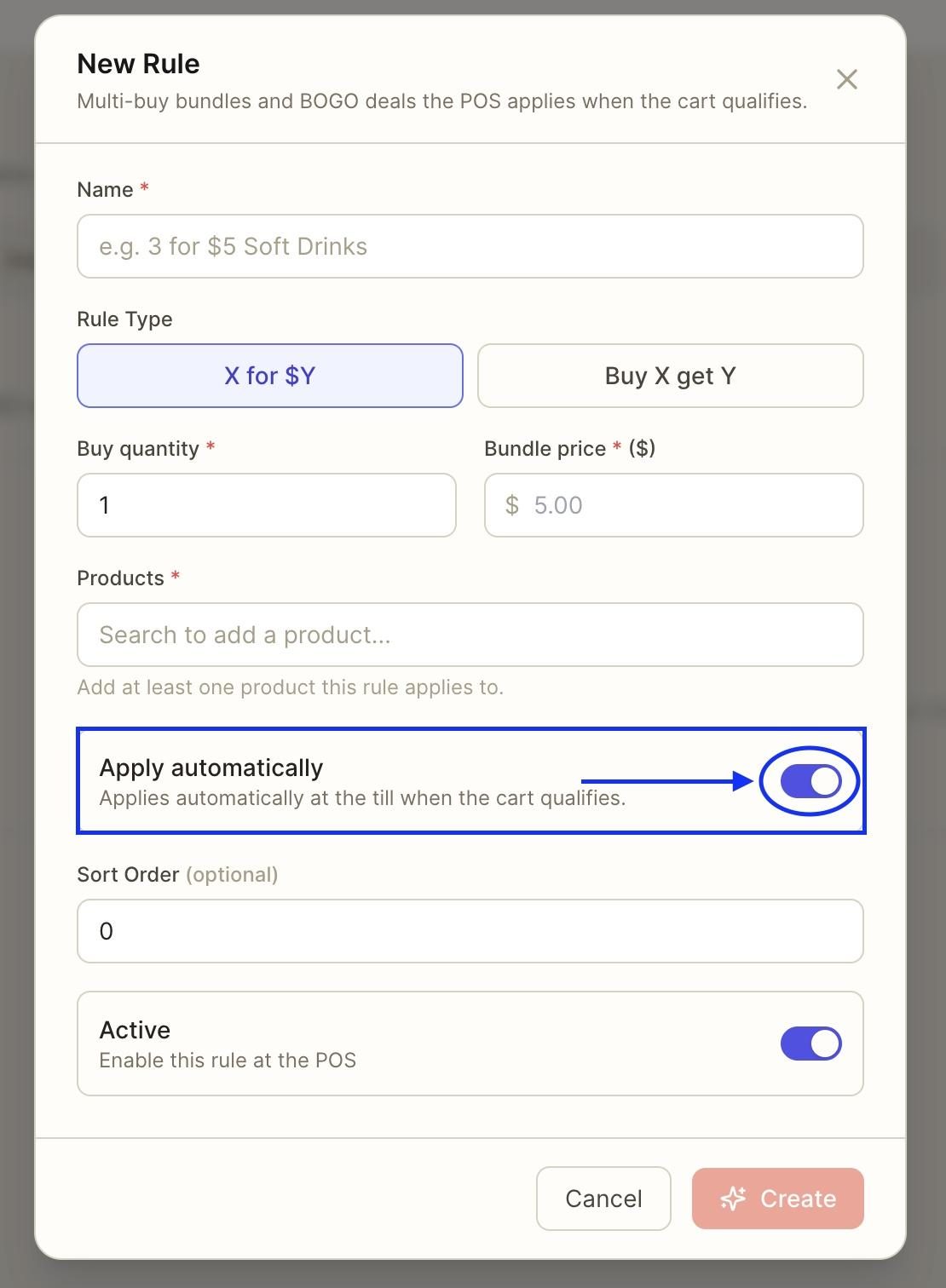 OPTIONALLY, toggle on the ‘apply automatically button’ if you want the rule to apply automatically at the till.