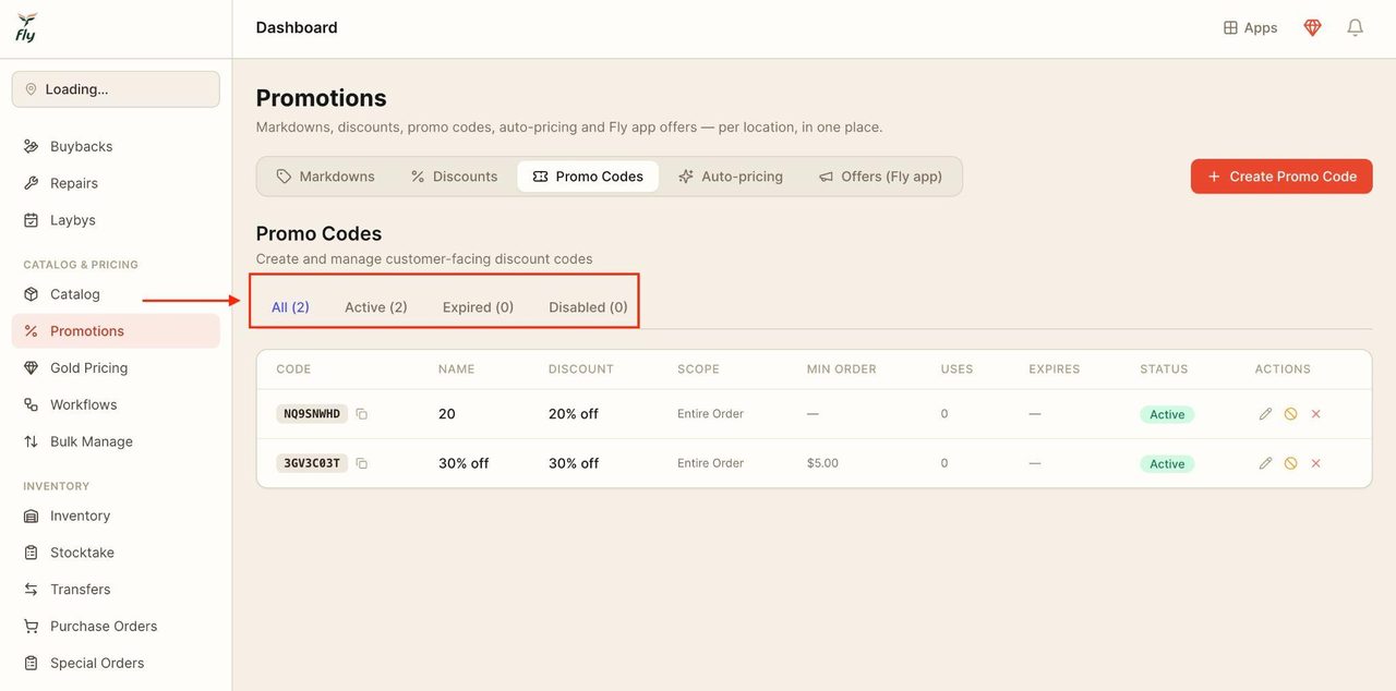 Use the bar to filter between all the promo codes.