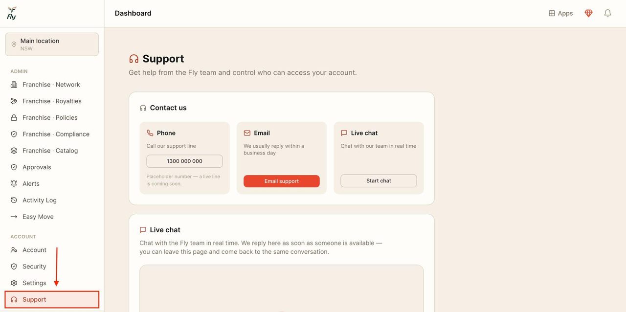 Locate support in the sidebar.