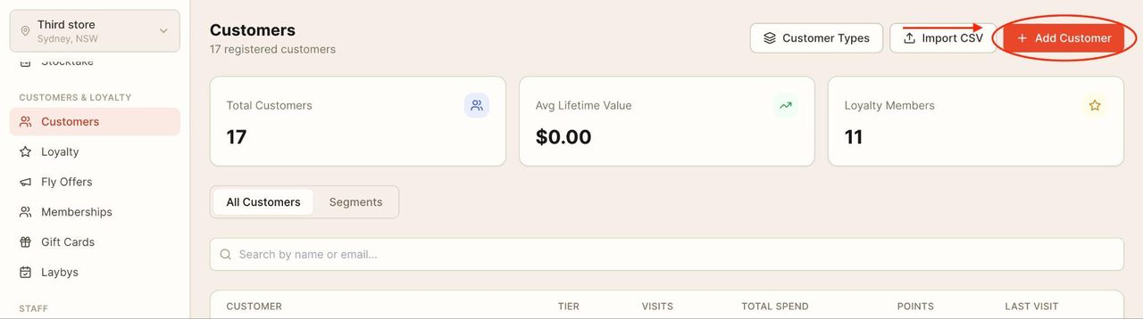 In the top right corner, click on ‘Add Customer’