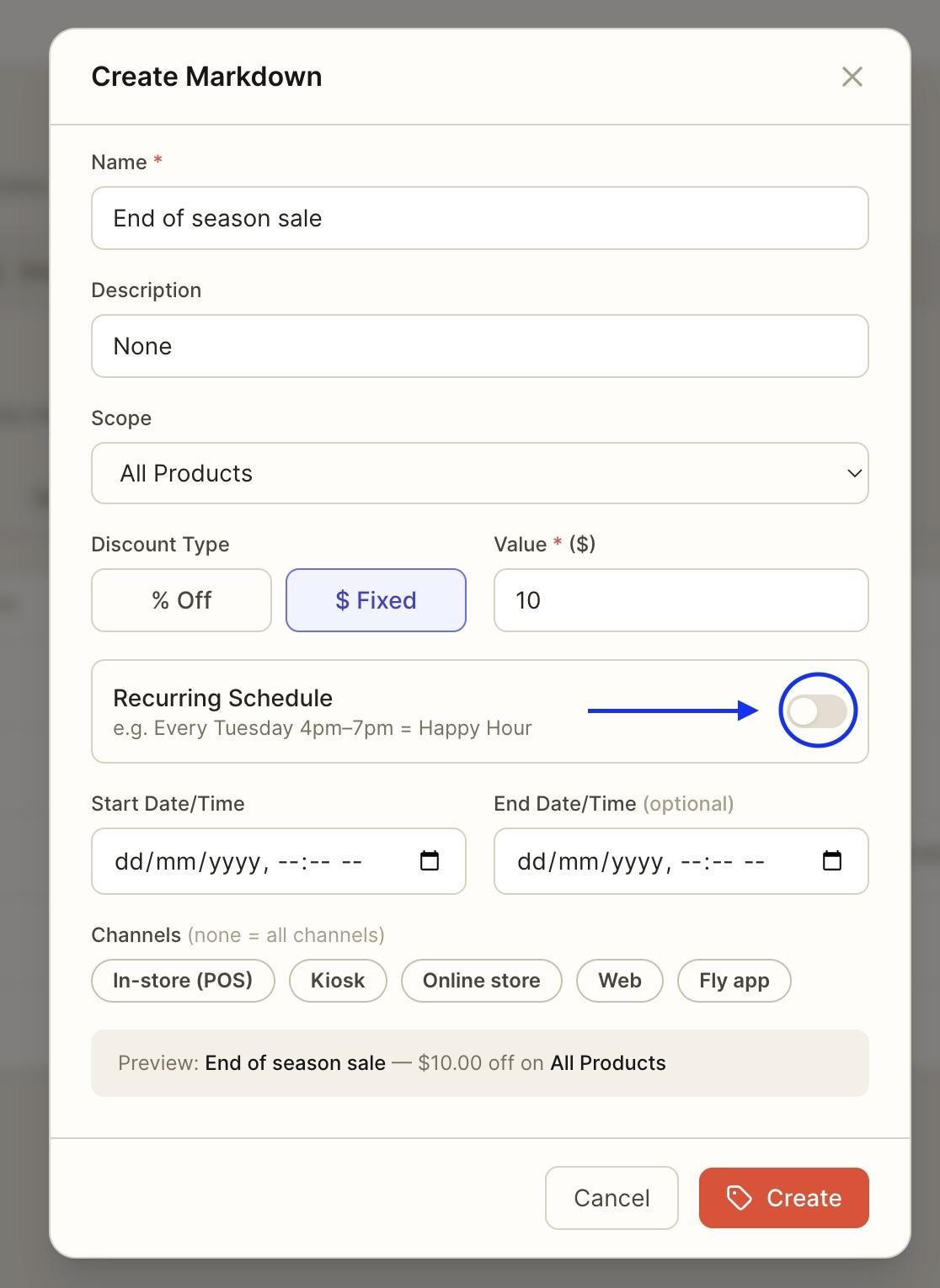 OPTIONALLY, tick the toggle on the section outlined in blue to make it into a recurring schedule.