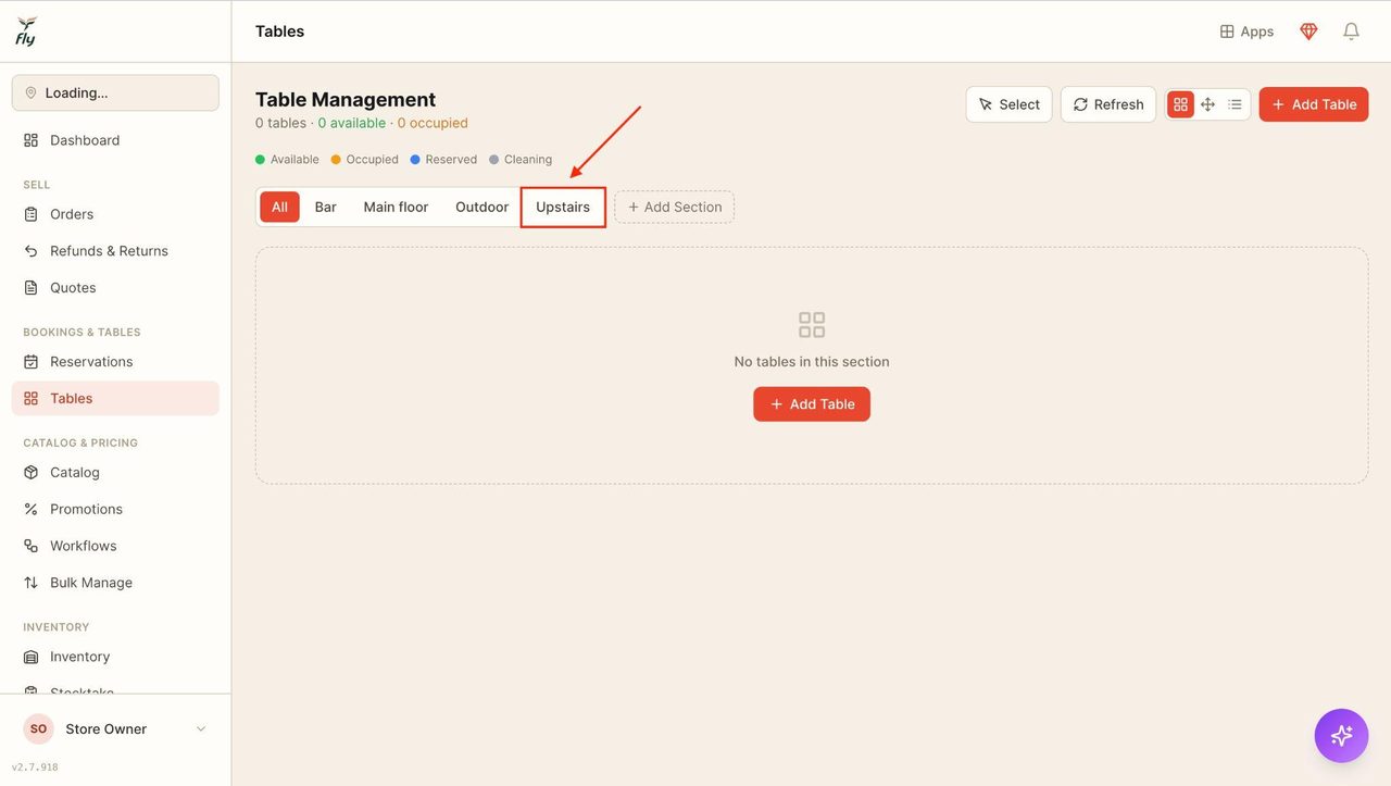 The newly added section will appear in the top bar