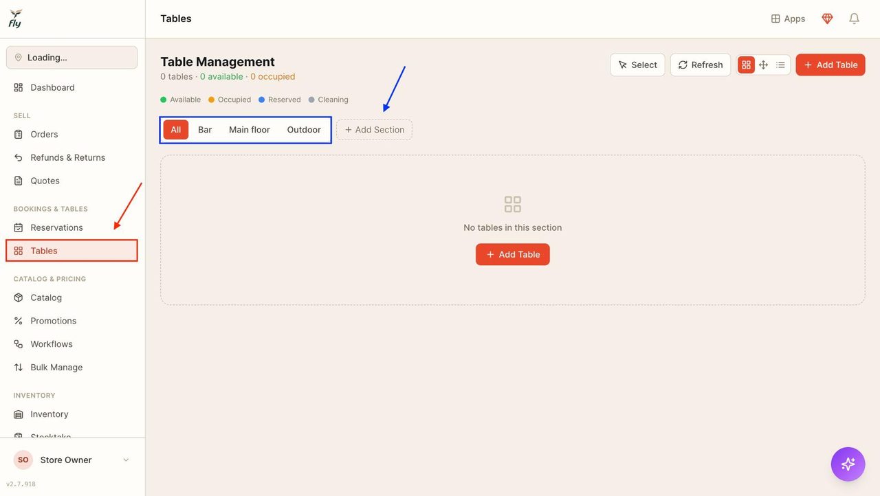 Press on ‘Add section’ (pointed to with a blue arrow) to add a new section.