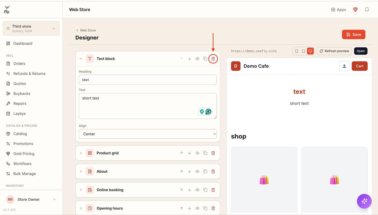 To delete one of the components of the website design, click on the red bin icon next to it.