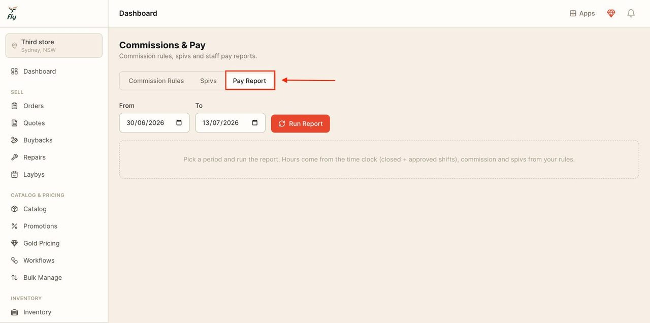 Locate pay reports in the top bar.