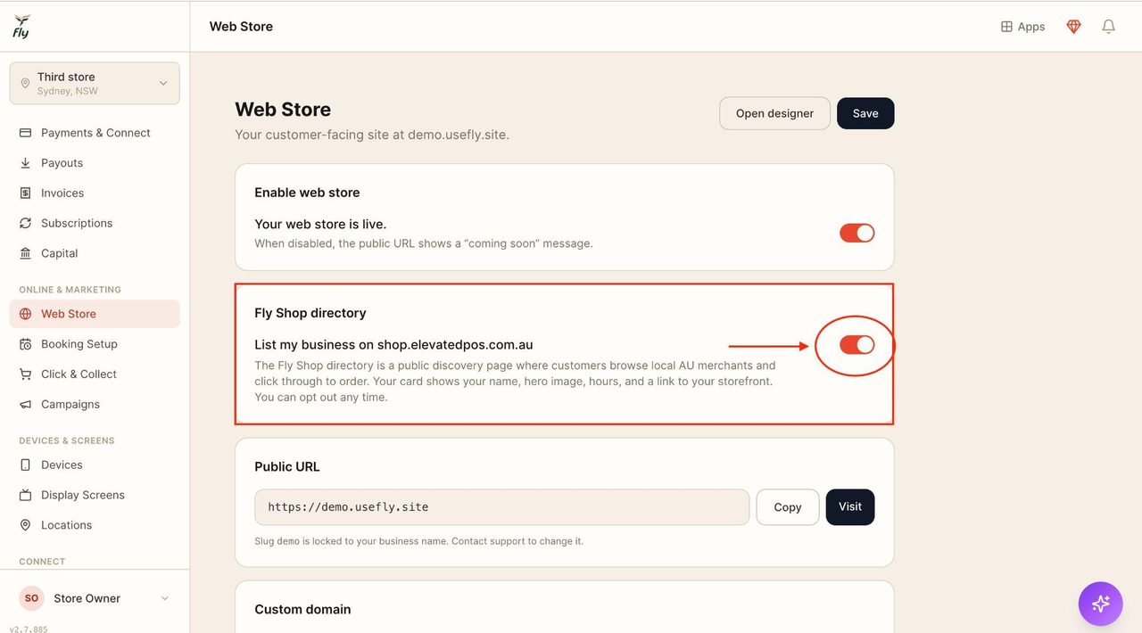 Toggle on ‘Fly Ship directory’ to list your website on a public discovery page for customers.