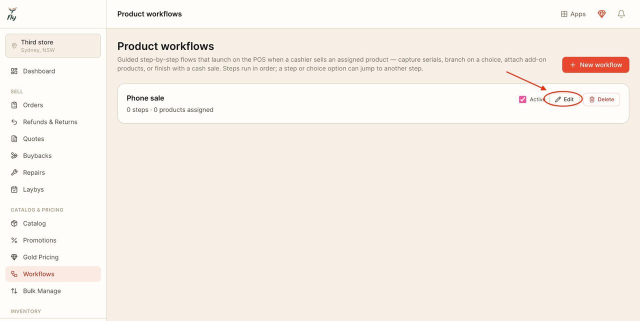 To edit the workflow, press on the pen on the right side.
