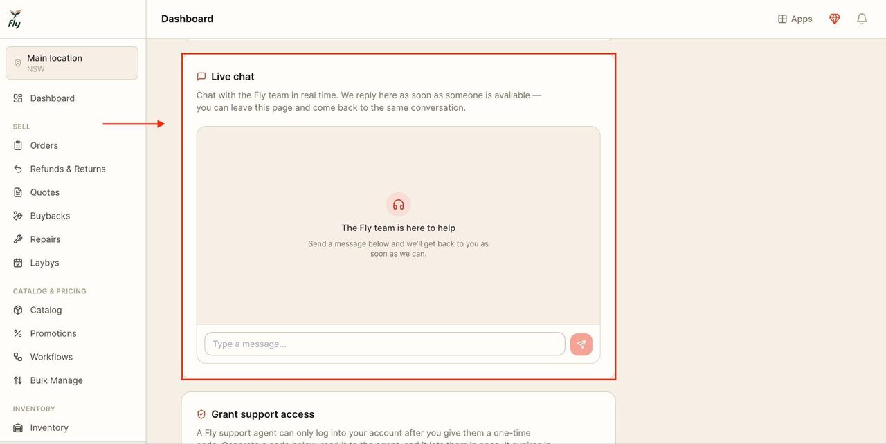 A live chat section will appear below.