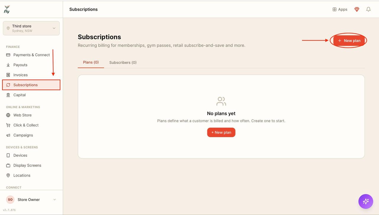 To create a new subscription, press the ‘new plan’ button in the top right corner.