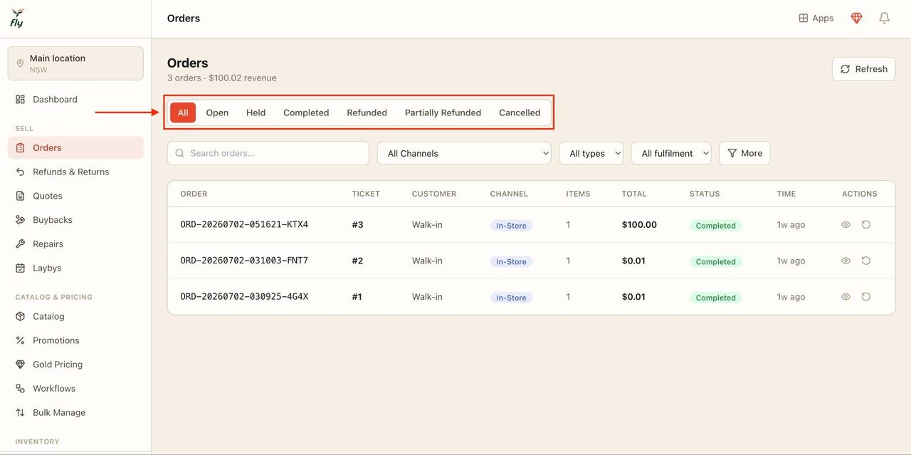 Orders can be viewed and filtered using the top bar.