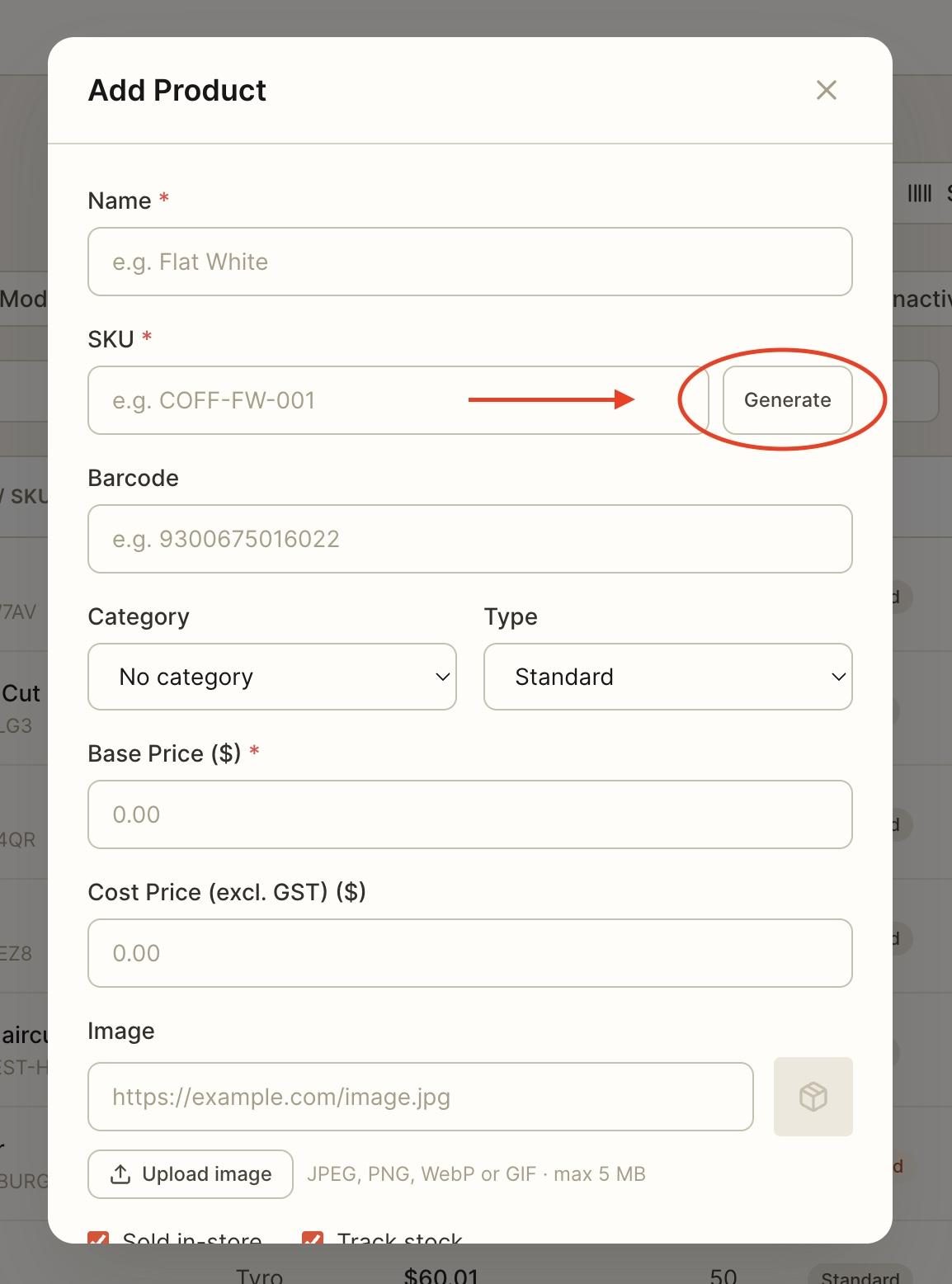Every item requires an SKU; the ‘generate’ button can be utilised to automatically provide one.