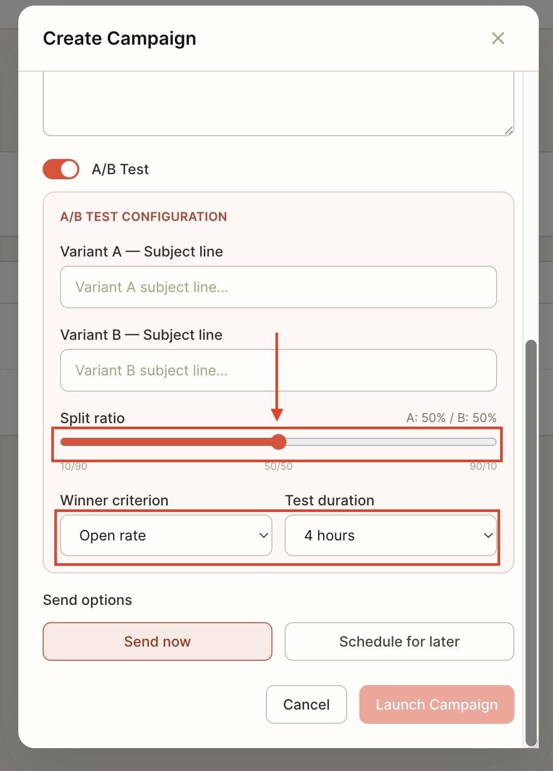 Select the winner criterion and test duration from the drop down menus.