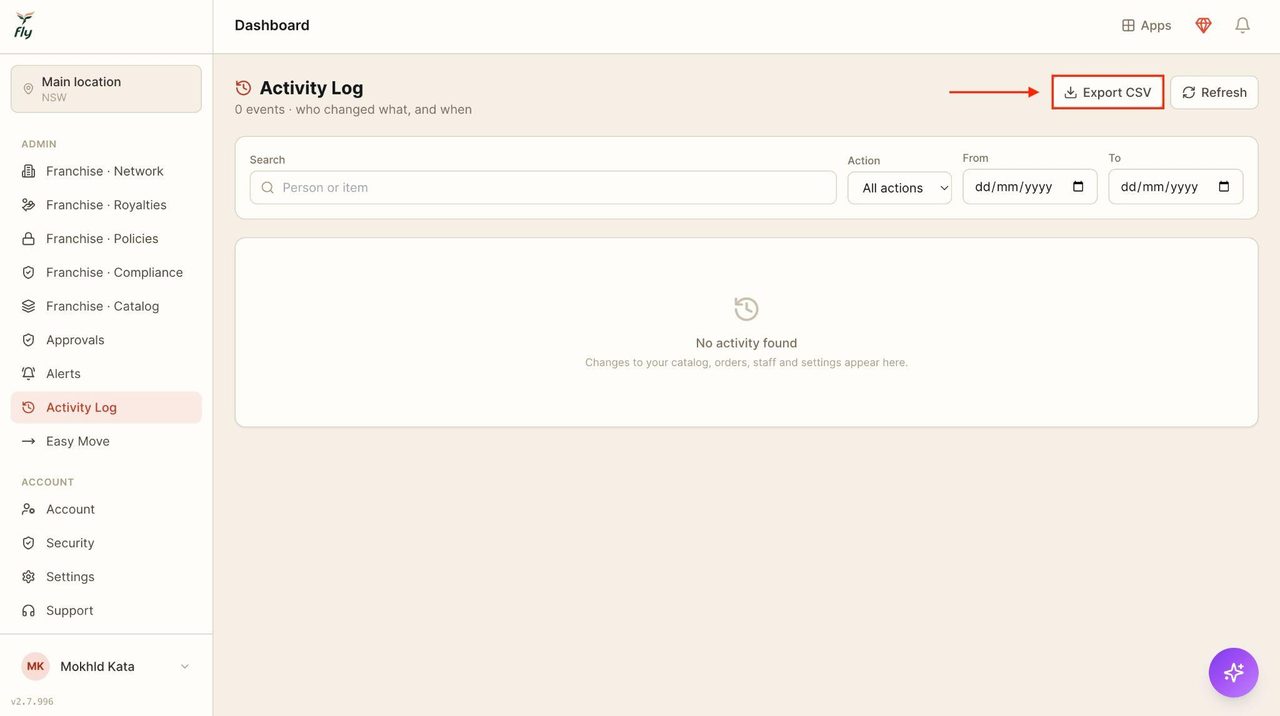 Press Export CSV to export the activity logs.