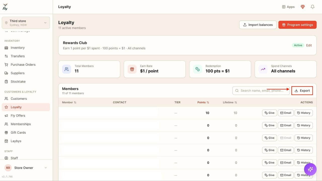 Click on ‘Export’ to create a summary table of the loyalty customers.