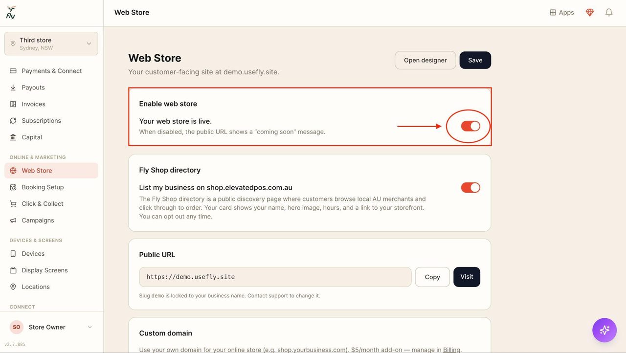 Toggle on the key for ‘Enable Web Store’ to allow customer access to the web store.
