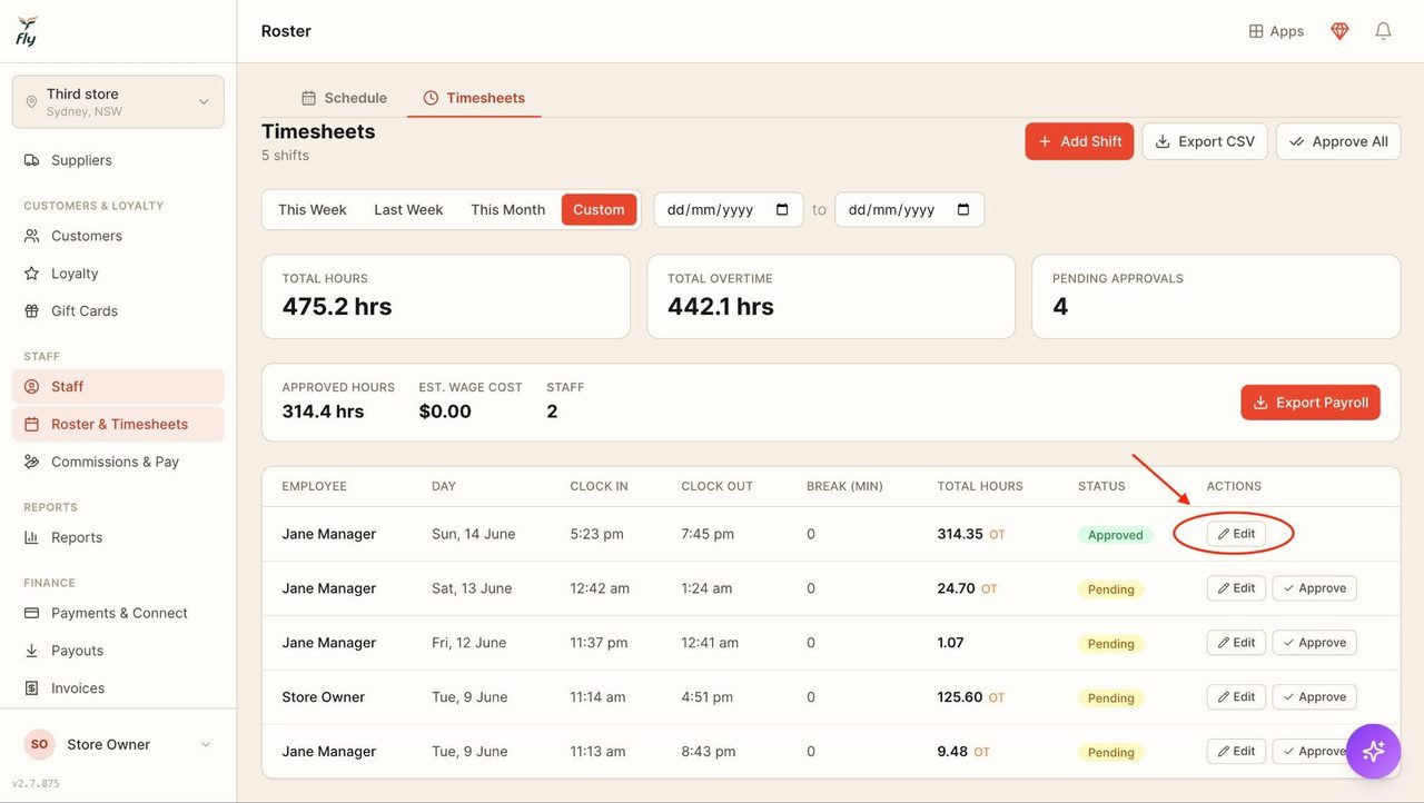 Press on ‘Edit’ to create changes to the timesheets.