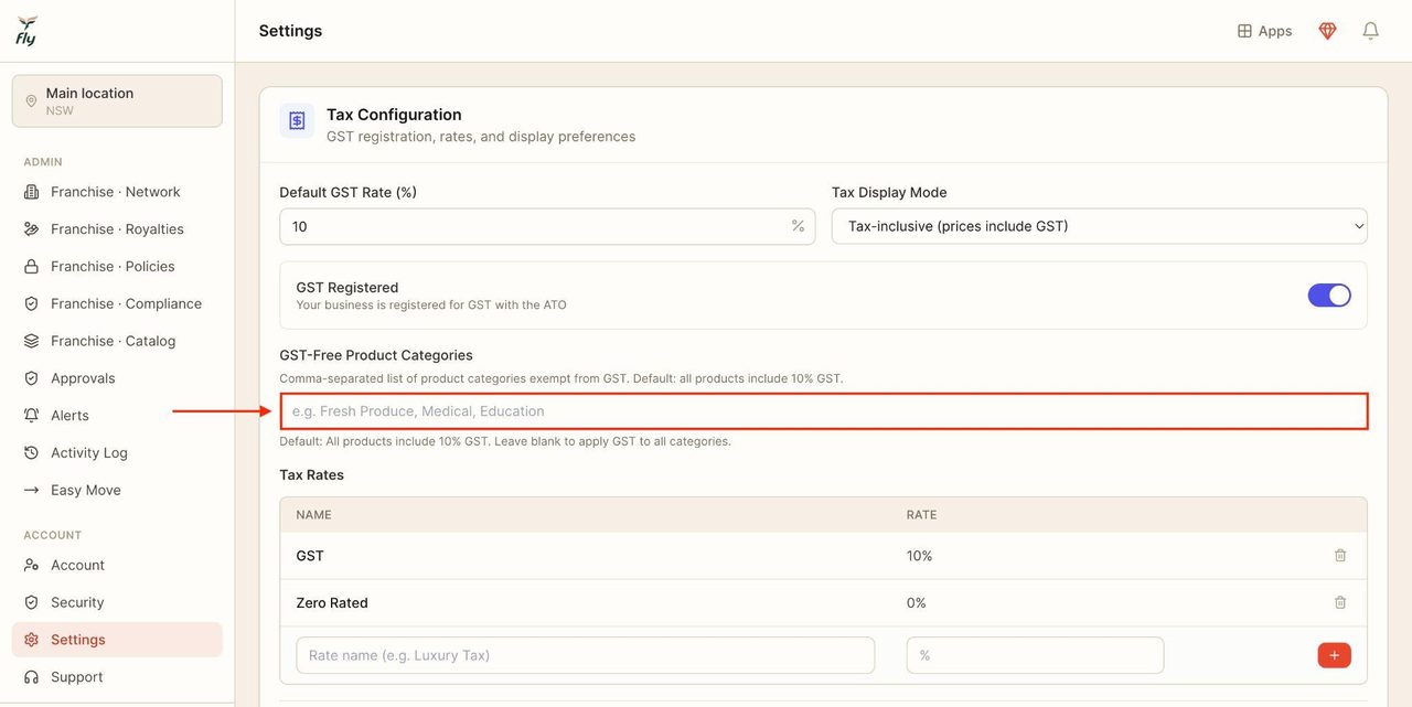To exempt some products from GST, enter the product categories (separated by a comma if there are multiple categories).
