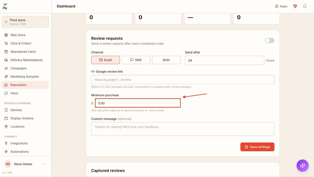 Leave the minimum purchase as zero (0) for customers to be sent the review request after every purchase.
