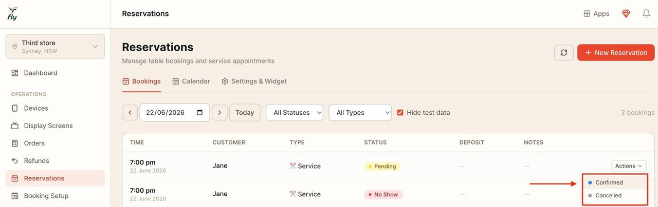 The reservation can then be changed accordingly using the drop-down menu.
