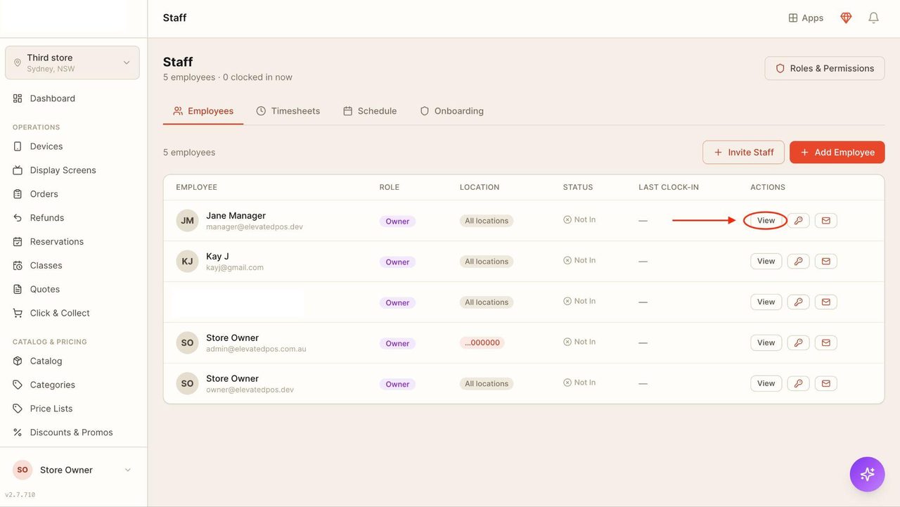 To make changes to existing employees, select ‘view’ next to the desired staff member.